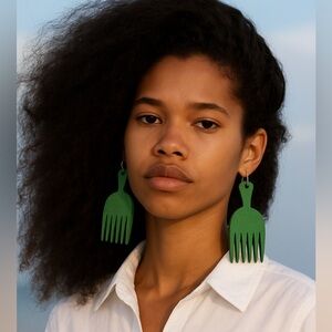 Wooden Green Hair Pick Comb Earrings